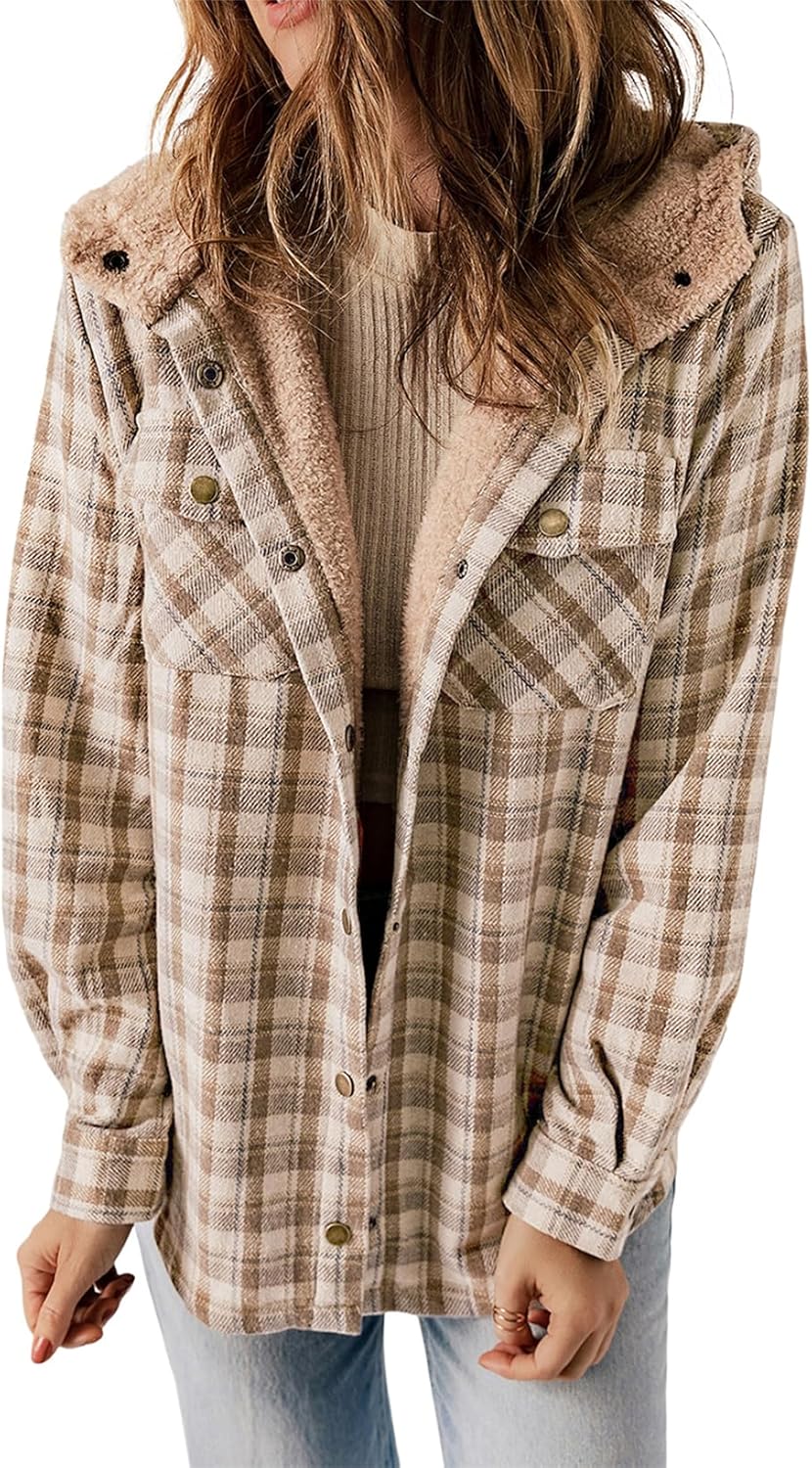 Straight Size Womens Flannel Plaid Shacket Long Sleeve Button Down Fleece Hooded Jacket WILLLUXE