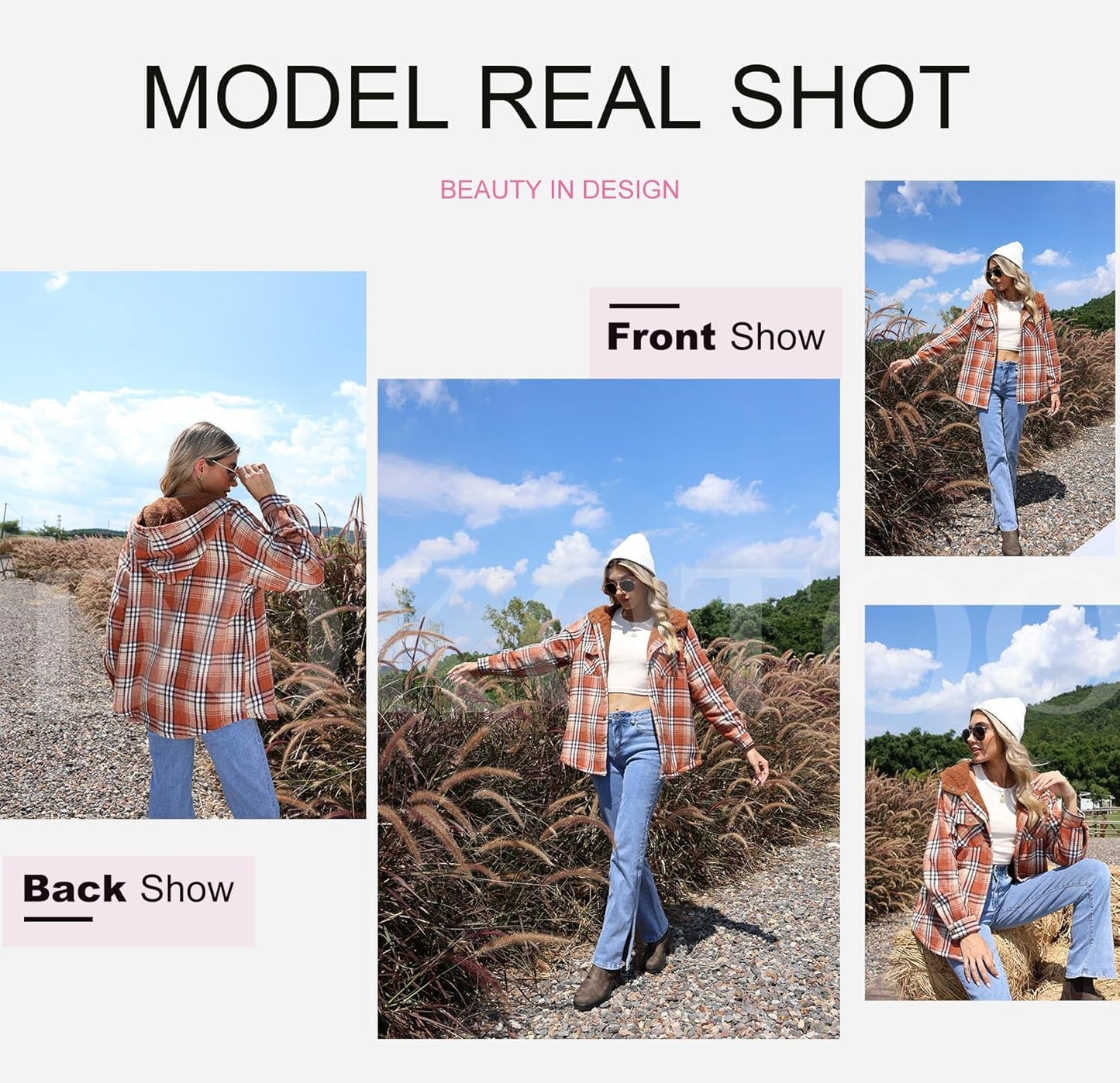 Straight Size Womens Flannel Plaid Shacket Long Sleeve Button Down Fleece Hooded Jacket WILLLUXE