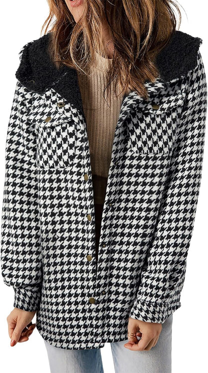 Straight Size Womens Flannel Plaid Shacket Long Sleeve Button Down Fleece Hooded Jacket WILLLUXE