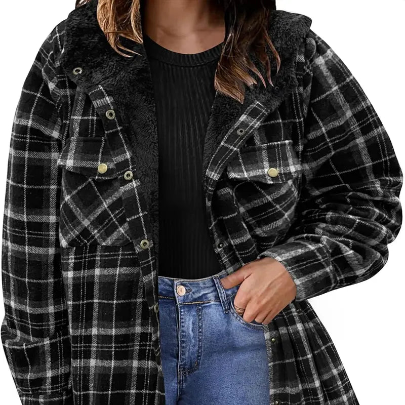 Plus Size Womens Flannel Plaid Shacket Long Sleeve Button Down Fleece Hooded Jacket Willluxe Store