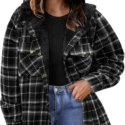 Plus Size Womens Flannel Plaid Shacket Long Sleeve Button Down Fleece Hooded Jacket Willluxe Store
