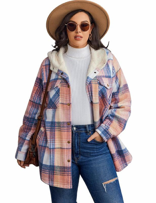 Plus Size Womens Flannel Plaid Shacket Long Sleeve Button Down Fleece Hooded Jacket Willluxe Store