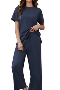 Willluxe® Women's 2-Piece Crew Neck Short Sleeve Casual Set – Soft Rayon Wide-Leg Pants Set