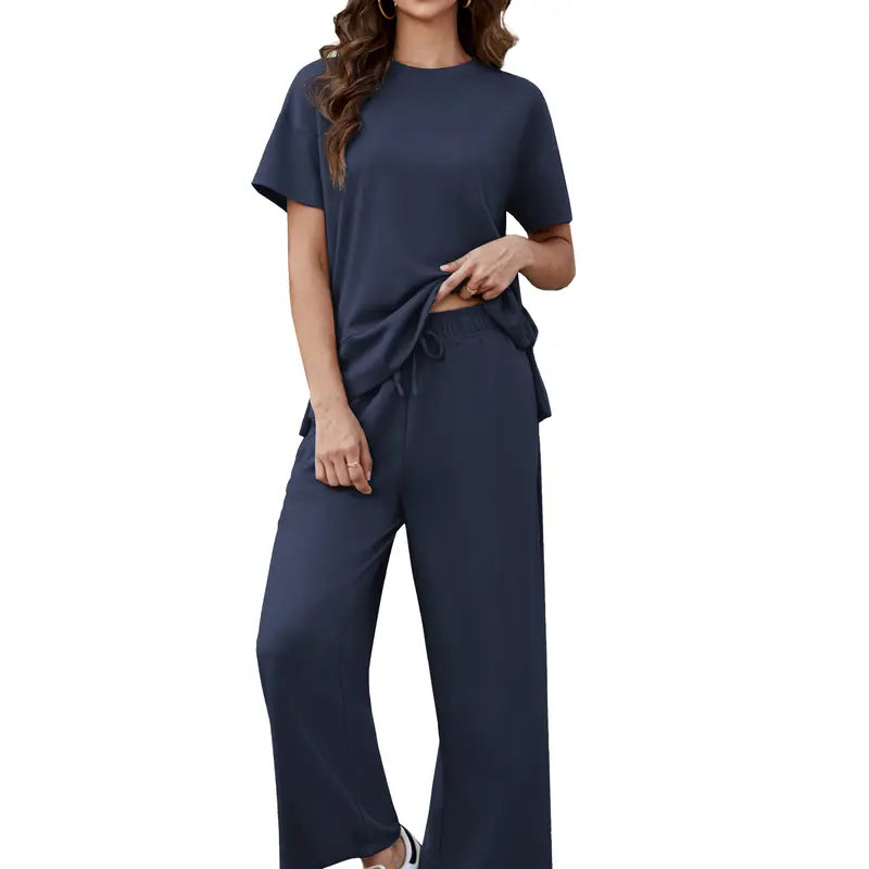 Willluxe® Women's 2-Piece Crew Neck Short Sleeve Casual Set – Soft Rayon Wide-Leg Pants Set