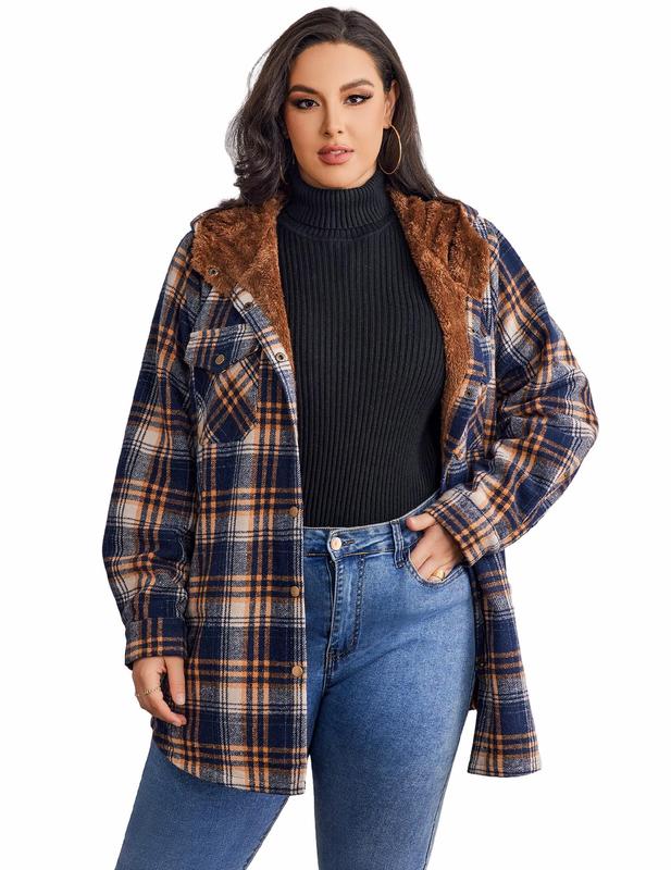 Plus Size Womens Flannel Plaid Shacket Long Sleeve Button Down Fleece Hooded Jacket Willluxe Store