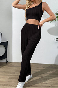 Willluxe® Sleek Black Ribbed One-Shoulder Set