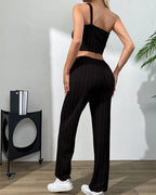 Willluxe® Sleek Black Ribbed One-Shoulder Set