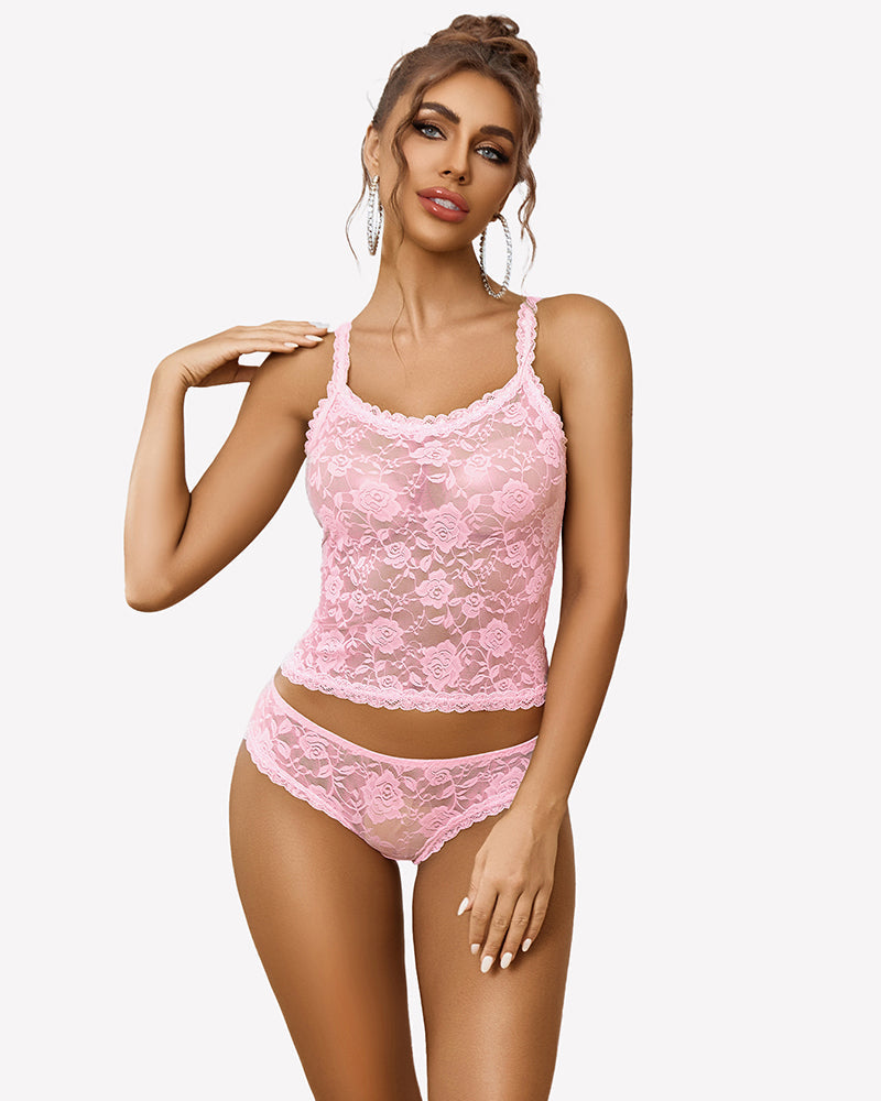 Floral Lace Lingerie Set Sheer Lace Shorts PJ Set