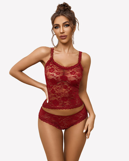 Floral Lace Lingerie Set Sheer Lace Shorts PJ Set