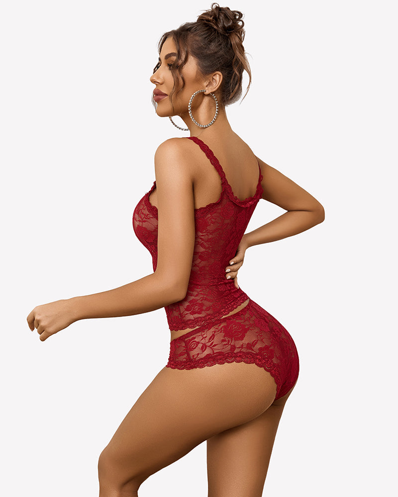 Floral Lace Lingerie Set Sheer Lace Shorts PJ Set