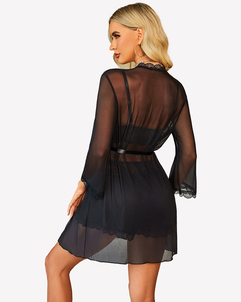 Lace Bra and Silk Satin Shorts with Mesh Robe