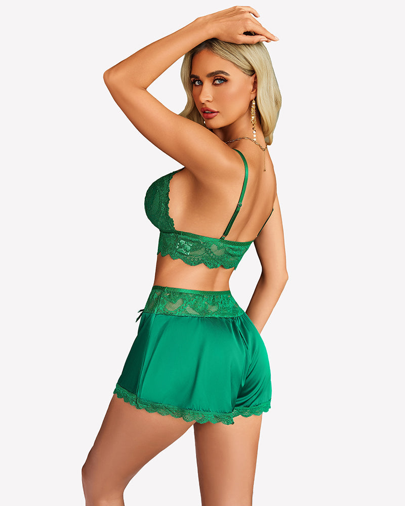 Lace Bra and Silk Satin Shorts with Mesh Robe