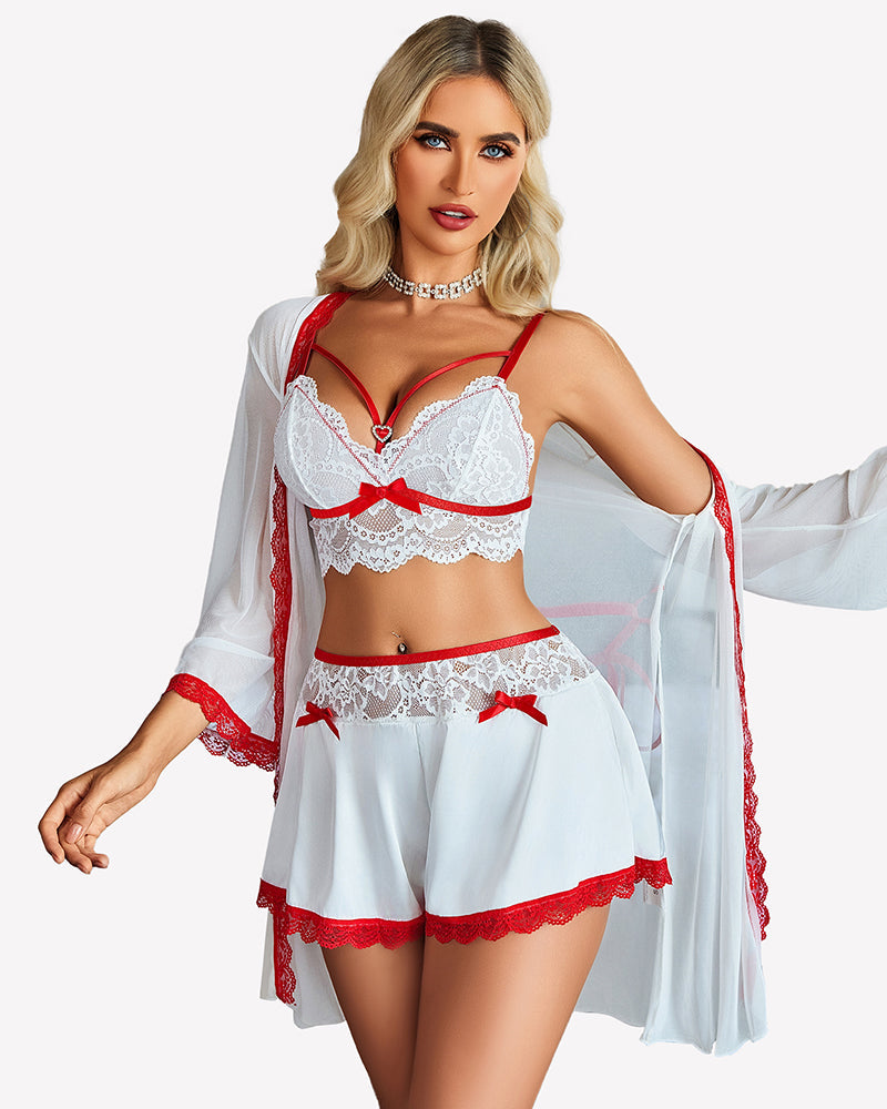Lace Bra and Silk Satin Shorts with Mesh Robe