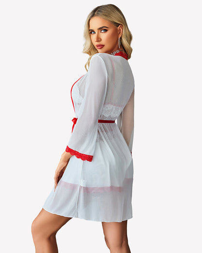 Lace Bra and Silk Satin Shorts with Mesh Robe