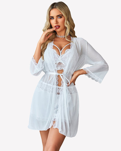Lace Bra and Silk Satin Shorts with Mesh Robe