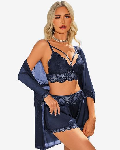 Lace Bra and Silk Satin Shorts with Mesh Robe