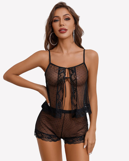 Sheer Open Front Polka Dot Shorts Set