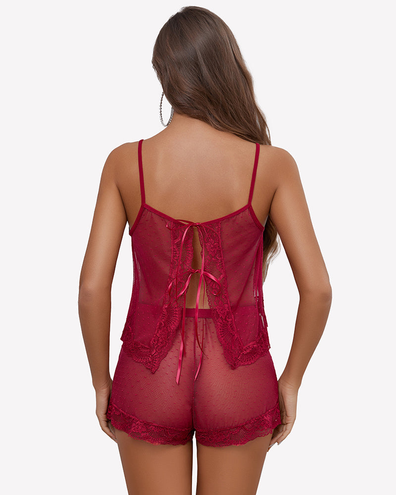 Sheer Open Front Polka Dot Shorts Set