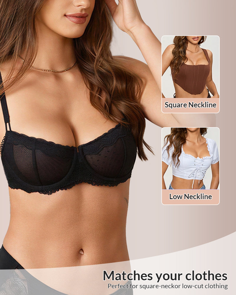 WILLLUXE® Sheer Lace Underwire Balconette Bra