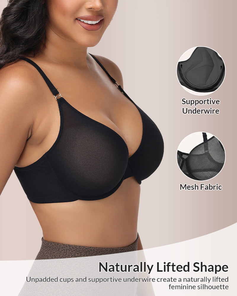 Willluxe® Underwire Support Mseh Sheer Unlined Plunge Bra