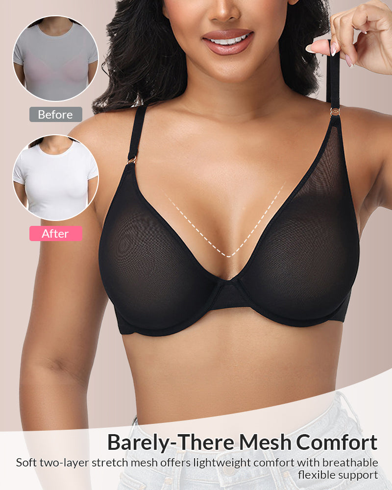 Willluxe® Underwire Support Mseh Sheer Unlined Plunge Bra