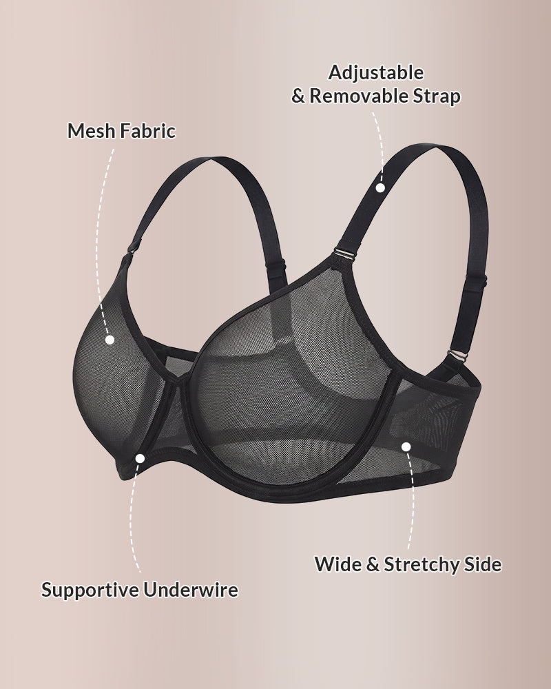 Willluxe® Underwire Support Mseh Sheer Unlined Plunge Bra