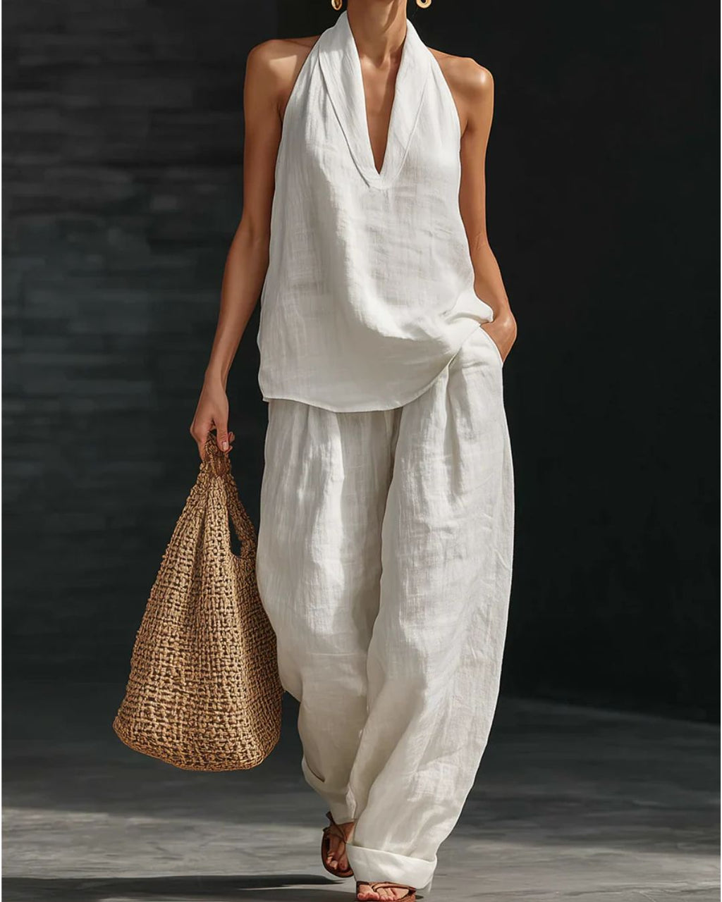 Willluxe® Halter V-Neck Top & Wide-Leg Trousers Set