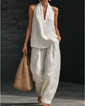 Willluxe® Halter V-Neck Top & Wide-Leg Trousers Set