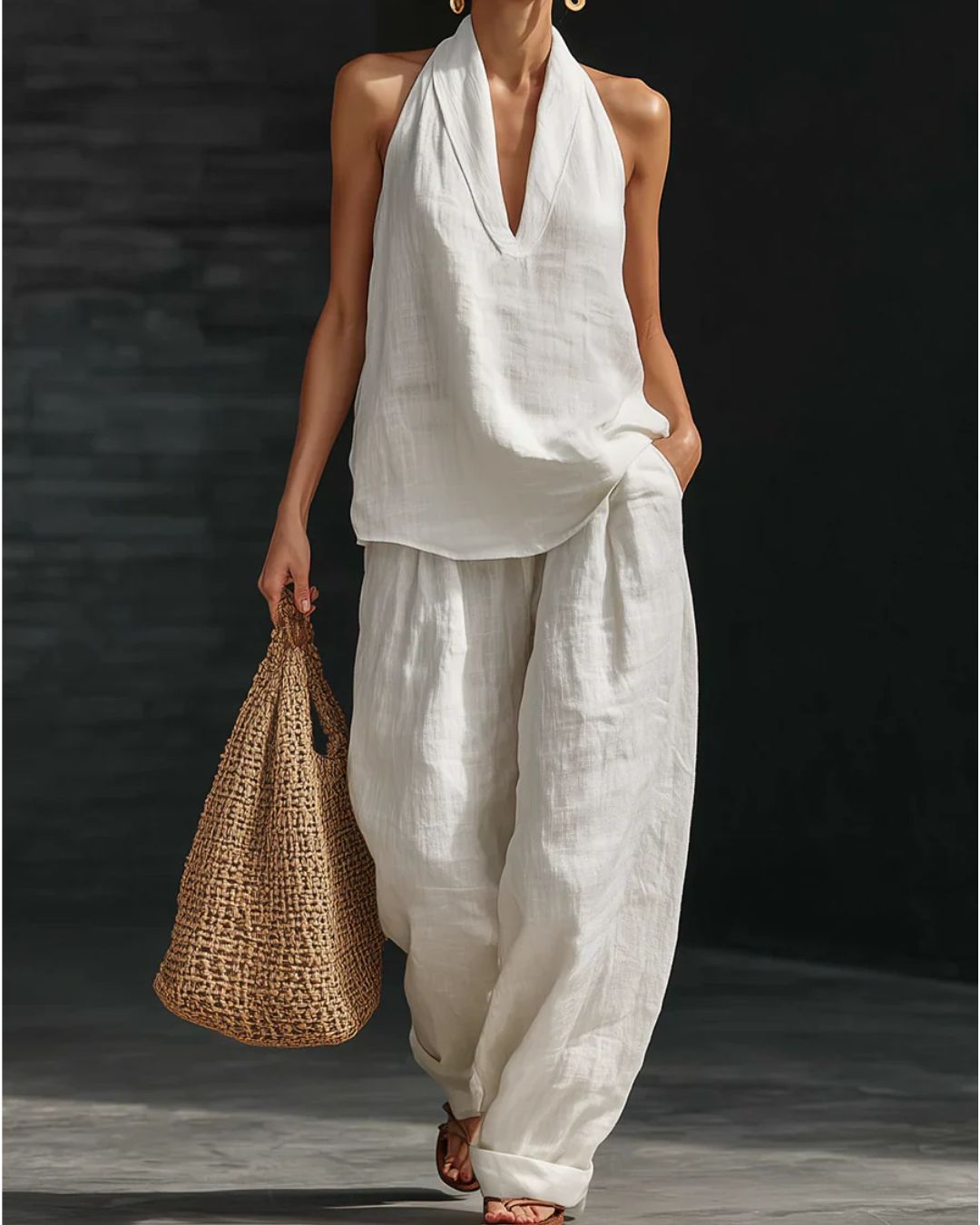 Willluxe® Halter V-Neck Top & Wide-Leg Trousers Set