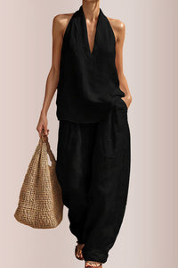 Willluxe® Halter V-Neck Top & Wide-Leg Trousers Set