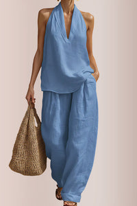 Willluxe® Halter V-Neck Top & Wide-Leg Trousers Set