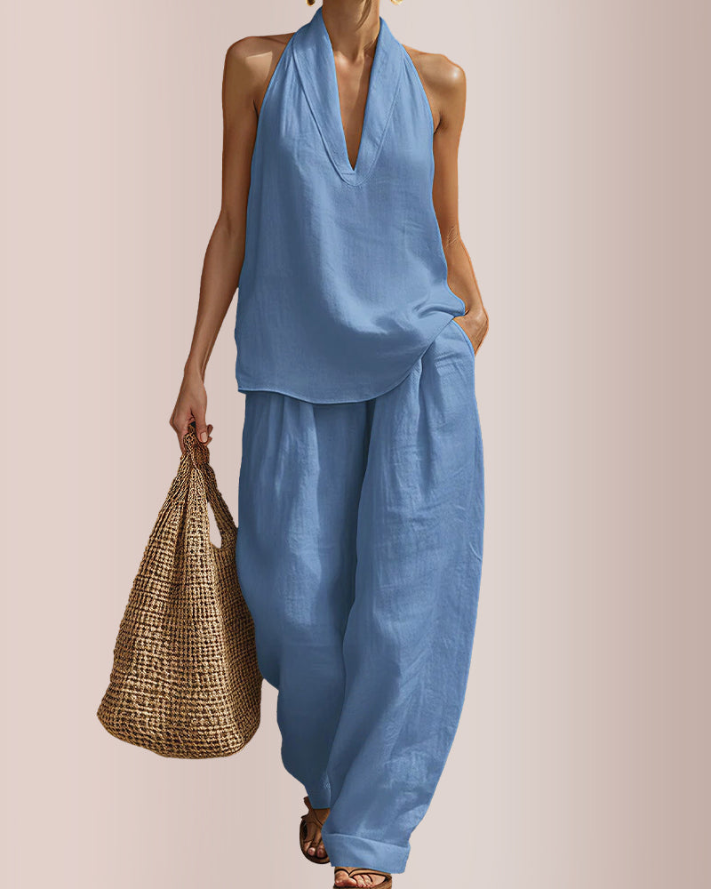 Willluxe® Halter V-Neck Top & Wide-Leg Trousers Set