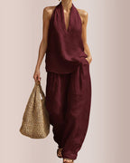 Willluxe® Halter V-Neck Top & Wide-Leg Trousers Set