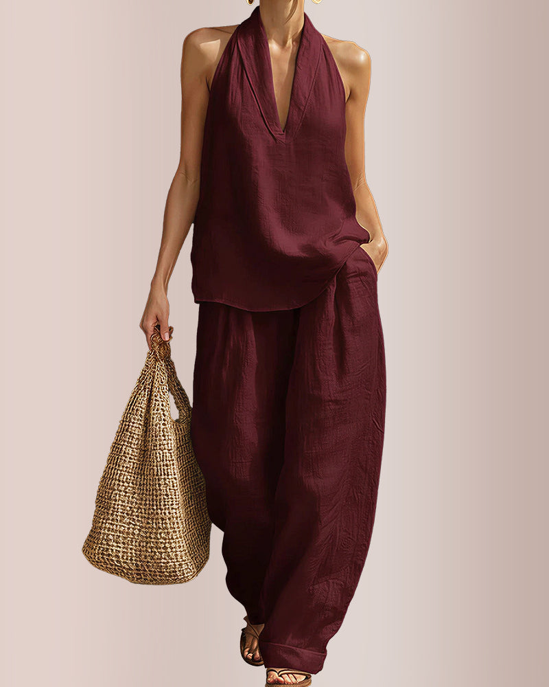 Willluxe® Halter V-Neck Top & Wide-Leg Trousers Set