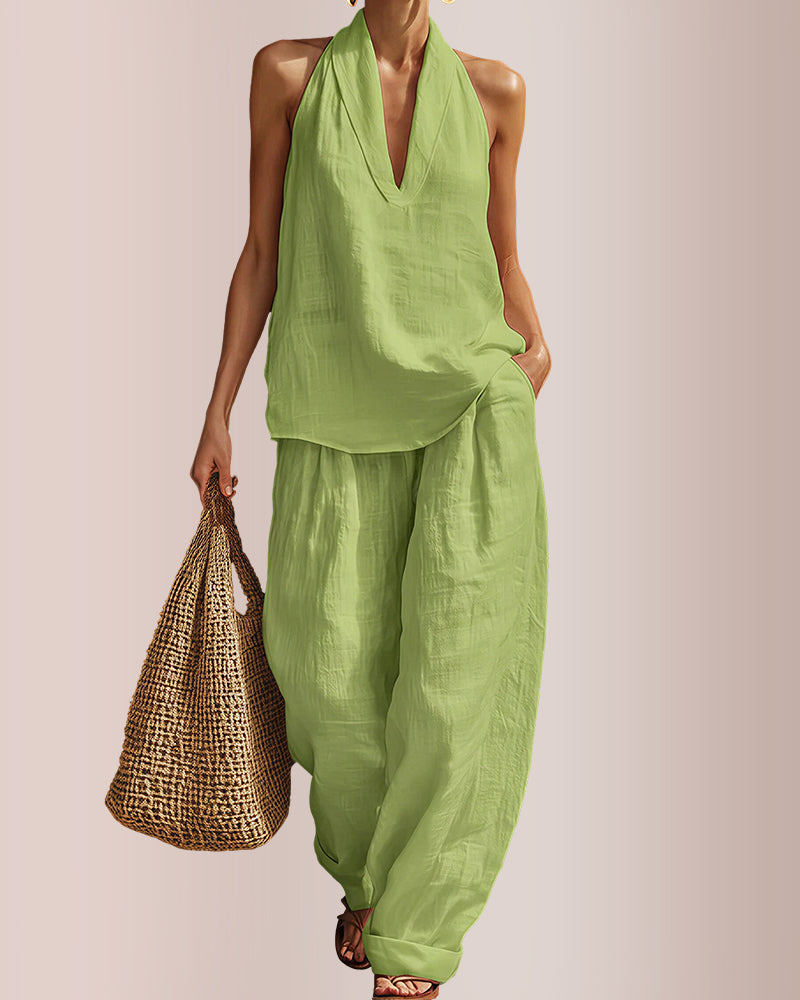 Willluxe® Halter V-Neck Top & Wide-Leg Trousers Set