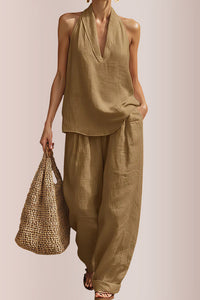 Willluxe® Halter V-Neck Top & Wide-Leg Trousers Set