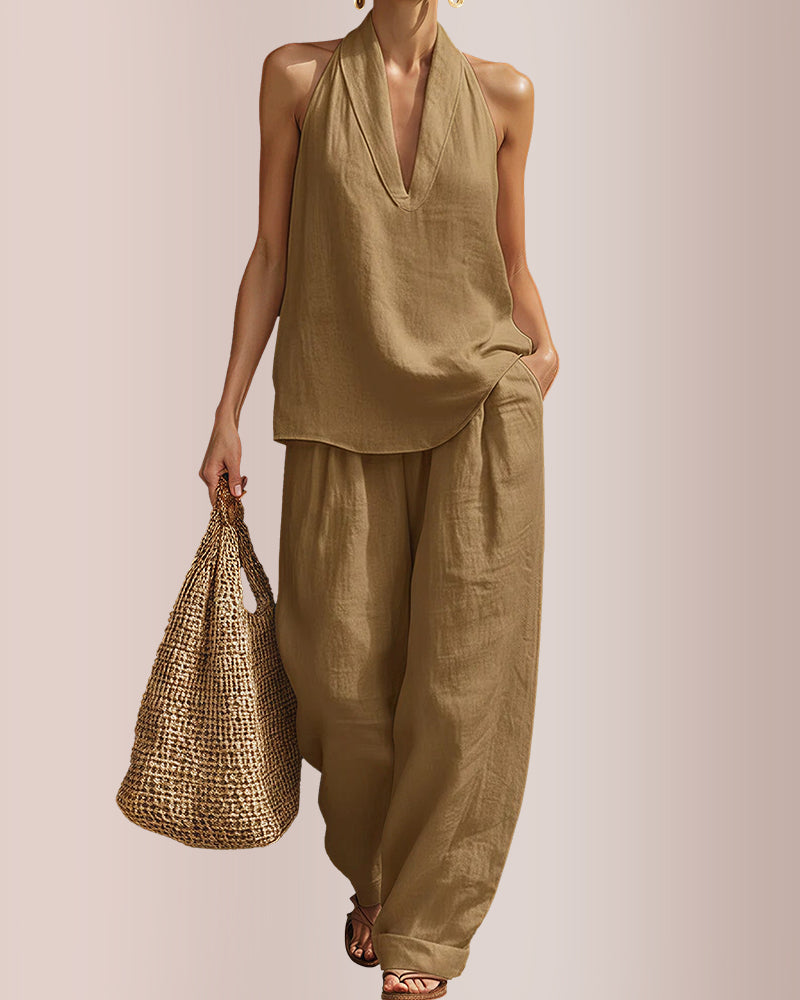 Willluxe® Halter V-Neck Top & Wide-Leg Trousers Set