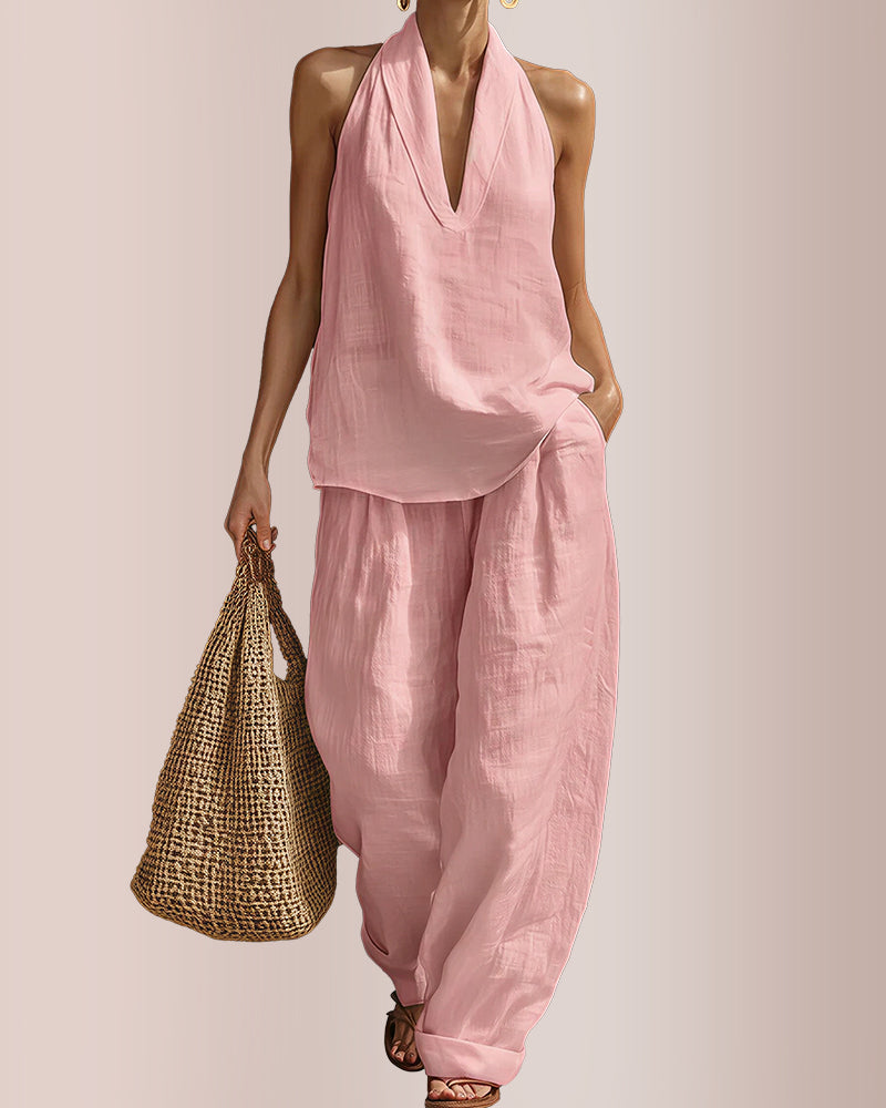 Willluxe® Halter V-Neck Top & Wide-Leg Trousers Set