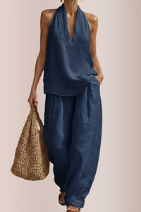 Willluxe® Halter V-Neck Top & Wide-Leg Trousers Set