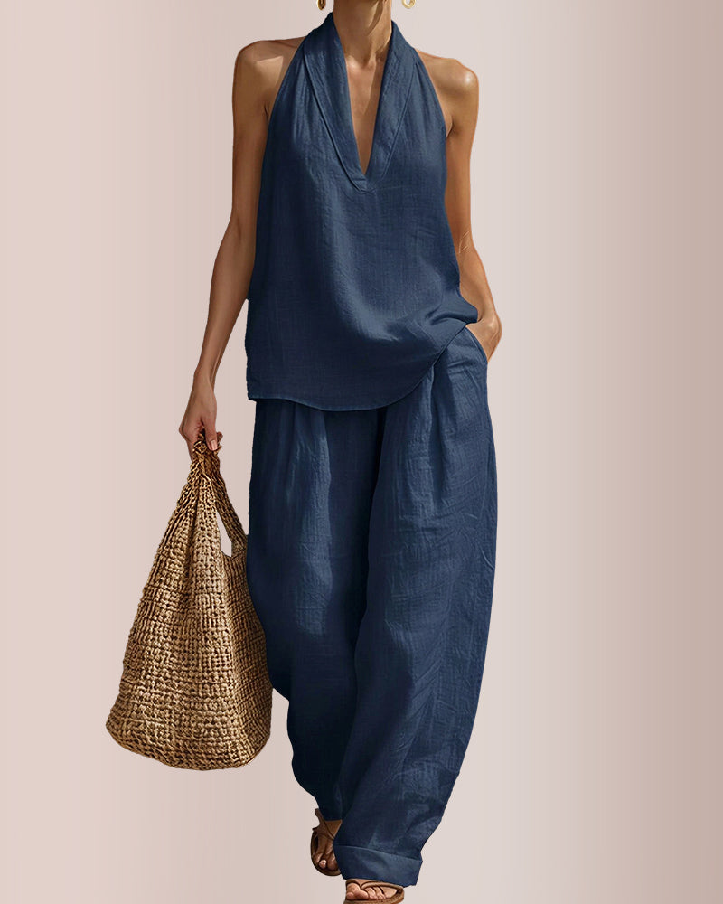 Willluxe® Halter V-Neck Top & Wide-Leg Trousers Set