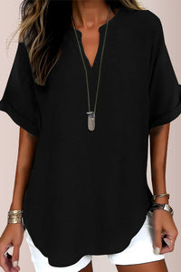 Willluxe® Women's Casual Notch V-Neck Rolled Sleeve Top