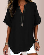 Willluxe® Women's Casual Notch V-Neck Rolled Sleeve Top