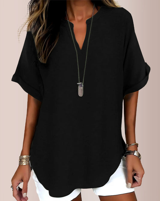 WILLLUXE® Women's Casual Notch V-Neck Rolled Sleeve Top