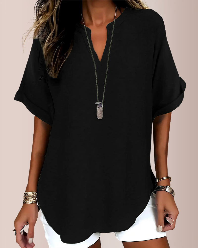 Willluxe® Women's Casual Notch V-Neck Rolled Sleeve Top