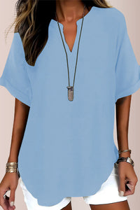 Willluxe® Women's Casual Notch V-Neck Rolled Sleeve Top
