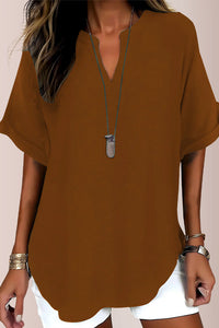 Willluxe® Women's Casual Notch V-Neck Rolled Sleeve Top