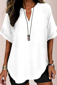 Willluxe® Women's Casual Notch V-Neck Rolled Sleeve Top