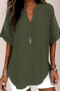 Willluxe® Women's Casual Notch V-Neck Rolled Sleeve Top