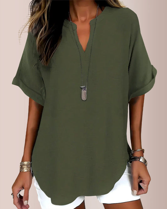 WILLLUXE® Women's Casual Notch V-Neck Rolled Sleeve Top