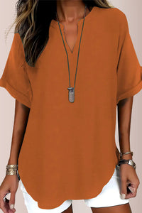 Willluxe® Women's Casual Notch V-Neck Rolled Sleeve Top